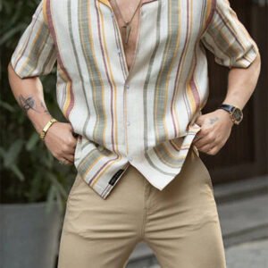 Men's Casual Button Down Shirts Half Sleeve Cotton Fashion Striped Shirt