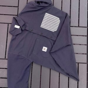 IMPORTED CRUSH FABRIC DOWNSHOULDER 3/4 SLEEV VIOLATE SHIRT