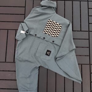 IMPORTED CRUSH FABRIC DOWNSHOULDER 3/4 SLEEV GREY SHIRT