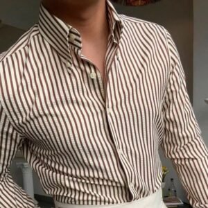Men's Casual White-Rust Full Sleeve Cotton Italian Strip Crush Shirt