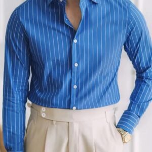 Men's Casual  Full Sleeve Sky Blue Cotton Roman Strip Shirt